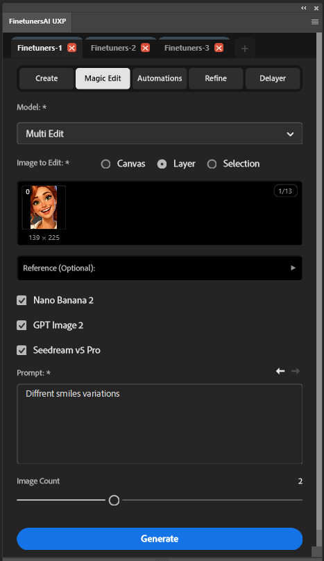 FineTuners panel inside Photoshop, Magic Edit tab